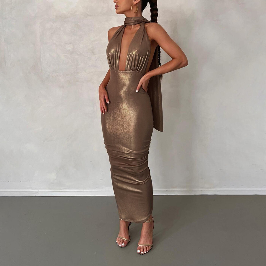 Damen-Kleid mit Schnürung, rückenfrei, modisch, Tasche, Hüfte, sexy, tief ausgeschnitten, schmales Kleid