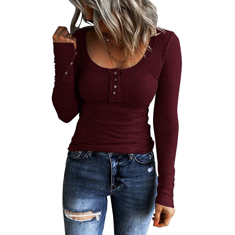 Langarm-Slim-Fit-Lässiges Herbst-Henley-Oberteil für Damen mit Button-Down-Blusen, Basic-T-Shirts aus Rippstrick