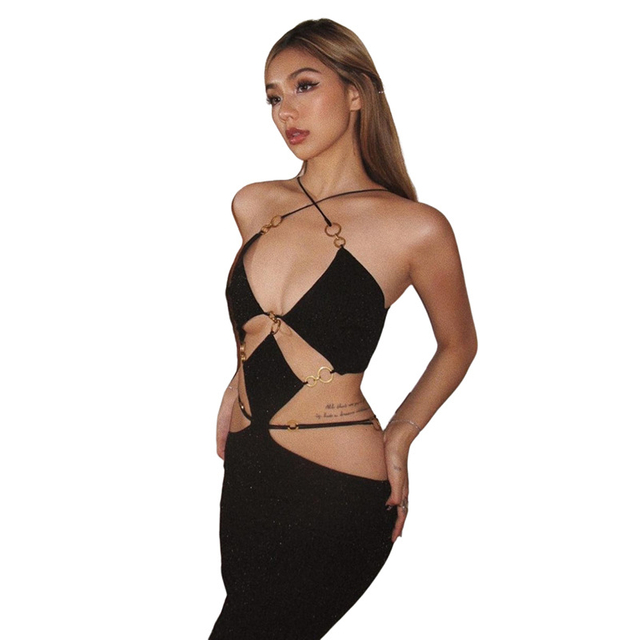 Sexy Neckholder-Hohlschnitt-Slim-Fit-Taschen-Gesäß-Schwarzes langes Kleid für Damen