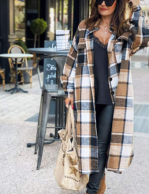 Damen-Revers-Button-Up-Langarm-Plaid-Long-Hemd-Shacket-Jacke 