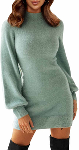 Damen-Pullover mit Stehkragen, gerippt, langärmlig, figurbetont, süßes Mini-Sweater-Kleid