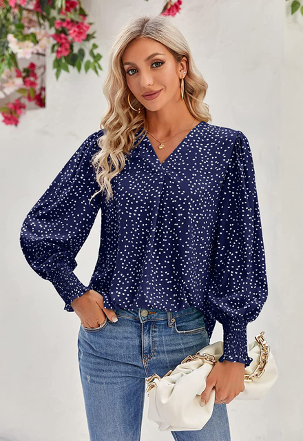 Damen Blusen Langarm V-Ausschnitt Blumendruck Lässige lockere Arbeitsoberteile Shirts