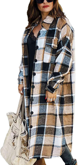 Damen-Revers-Button-Up-Langarm-Plaid-Long-Hemd-Shacket-Jacke 