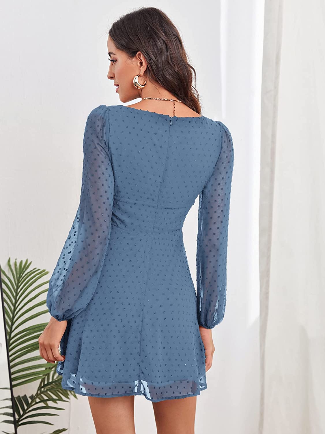 Damen-Chiffonkleid mit Polka Dots-Mesh, quadratischem Ausschnitt und Bischofsärmeln